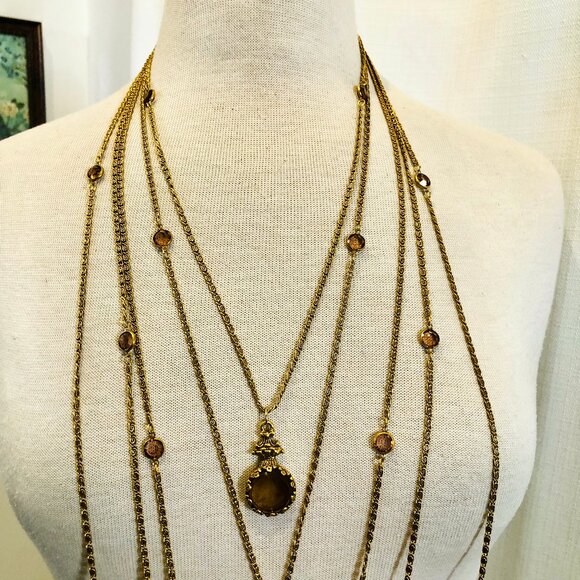 Vintage 1960s Goldette Jewelry Multi Strand Necklace with Pendants in Gold Tone - Picture 2 of 15